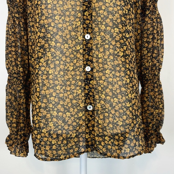 Zara Yellow and Black Ditsy Floral Button Up Ruched Sleeve Blouse. Size Small. - Picture 4 of 11